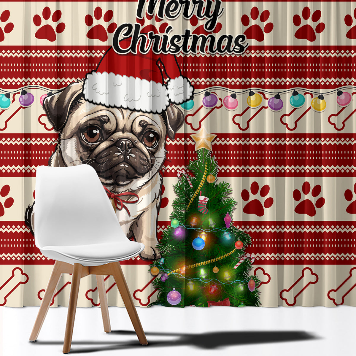 Custom Dog Christmas Window Curtain Cute Pug Dog With Xmas Tree - Wonder Print Shop
