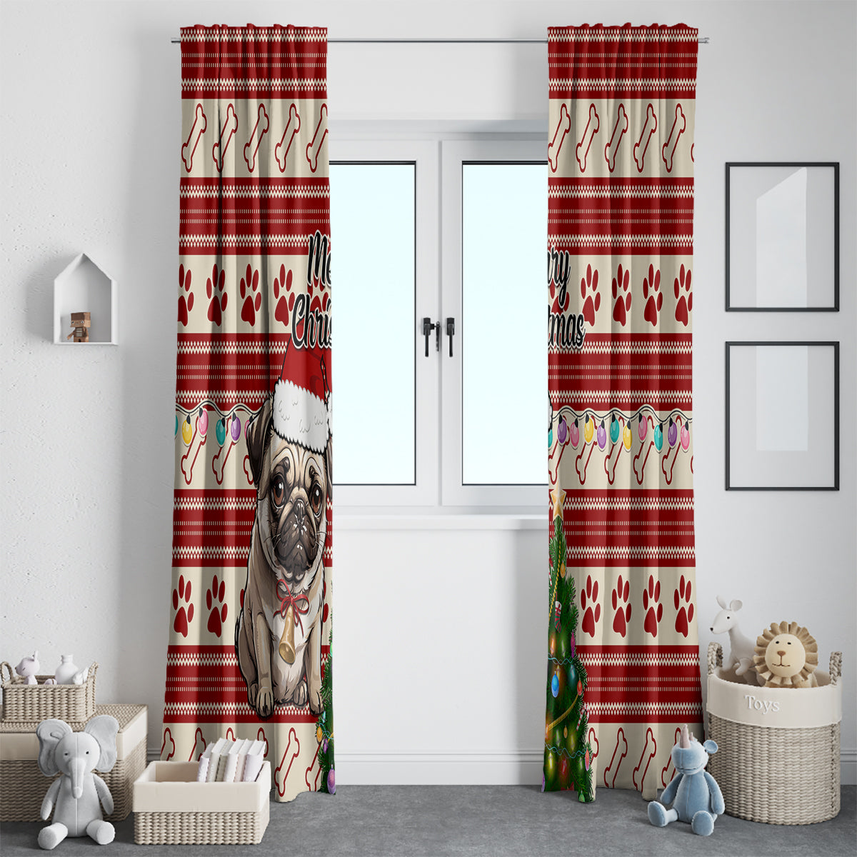 Custom Dog Christmas Window Curtain Cute Pug Dog With Xmas Tree - Wonder Print Shop