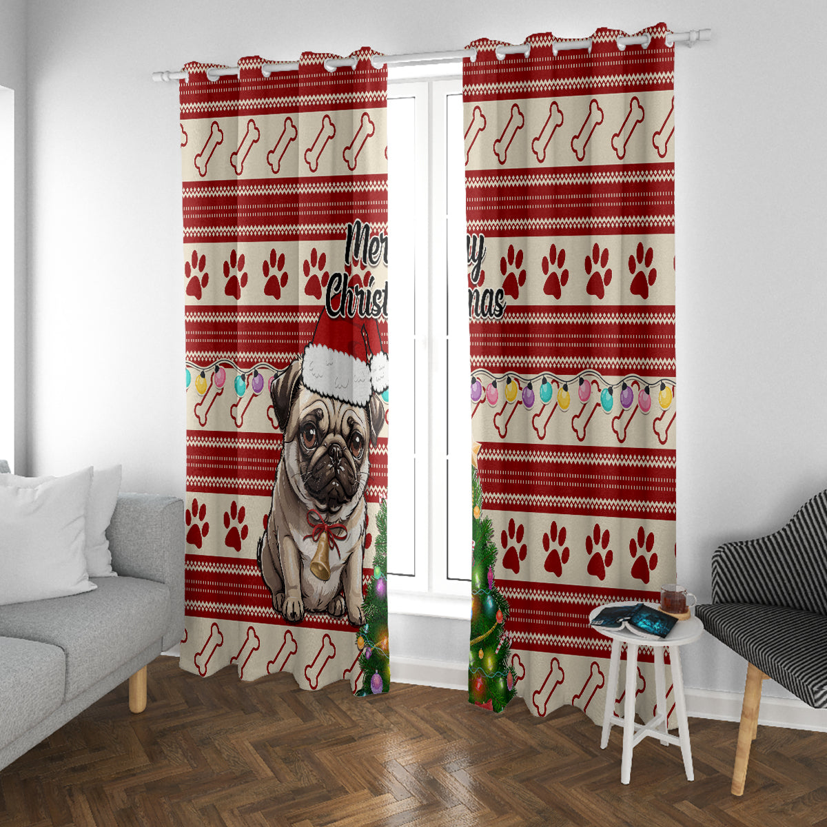 Custom Dog Christmas Window Curtain Cute Pug Dog With Xmas Tree - Wonder Print Shop