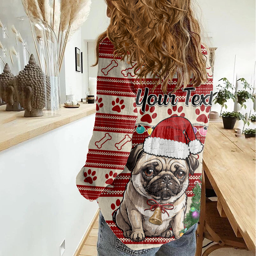 Custom Dog Christmas Women Casual Shirt Cute Pug Dog With Xmas Tree - Wonder Print Shop