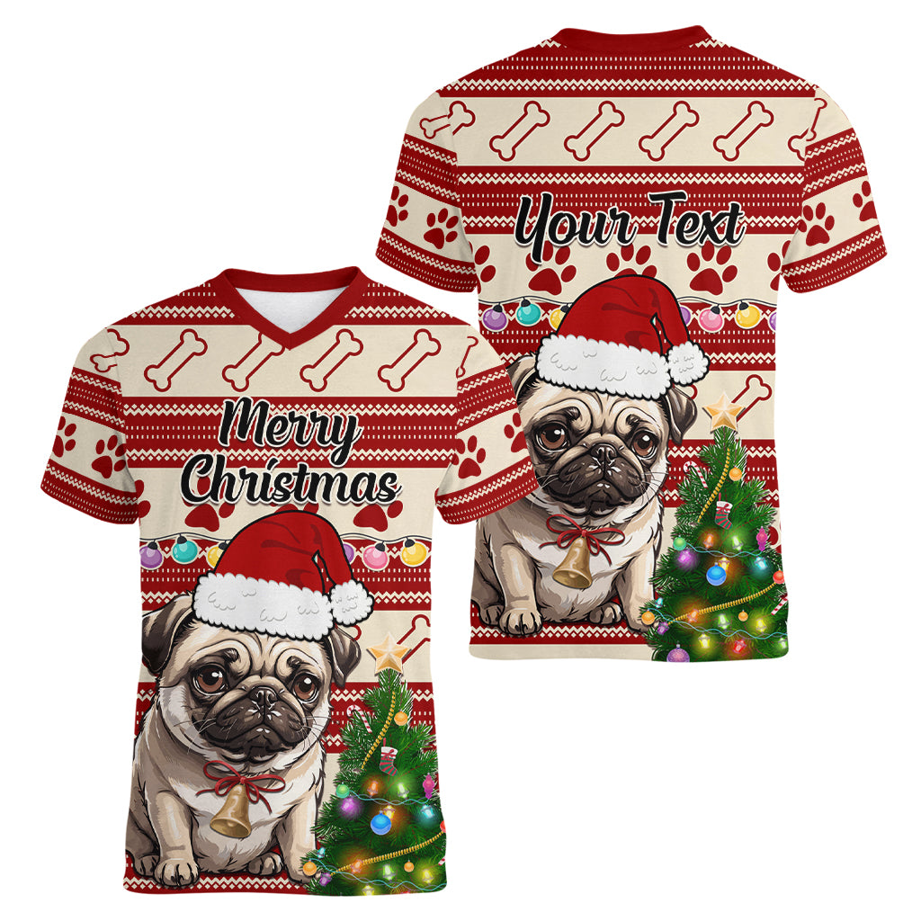 Custom Dog Christmas Women V Neck T Shirt Cute Pug Dog With Xmas Tree - Wonder Print Shop