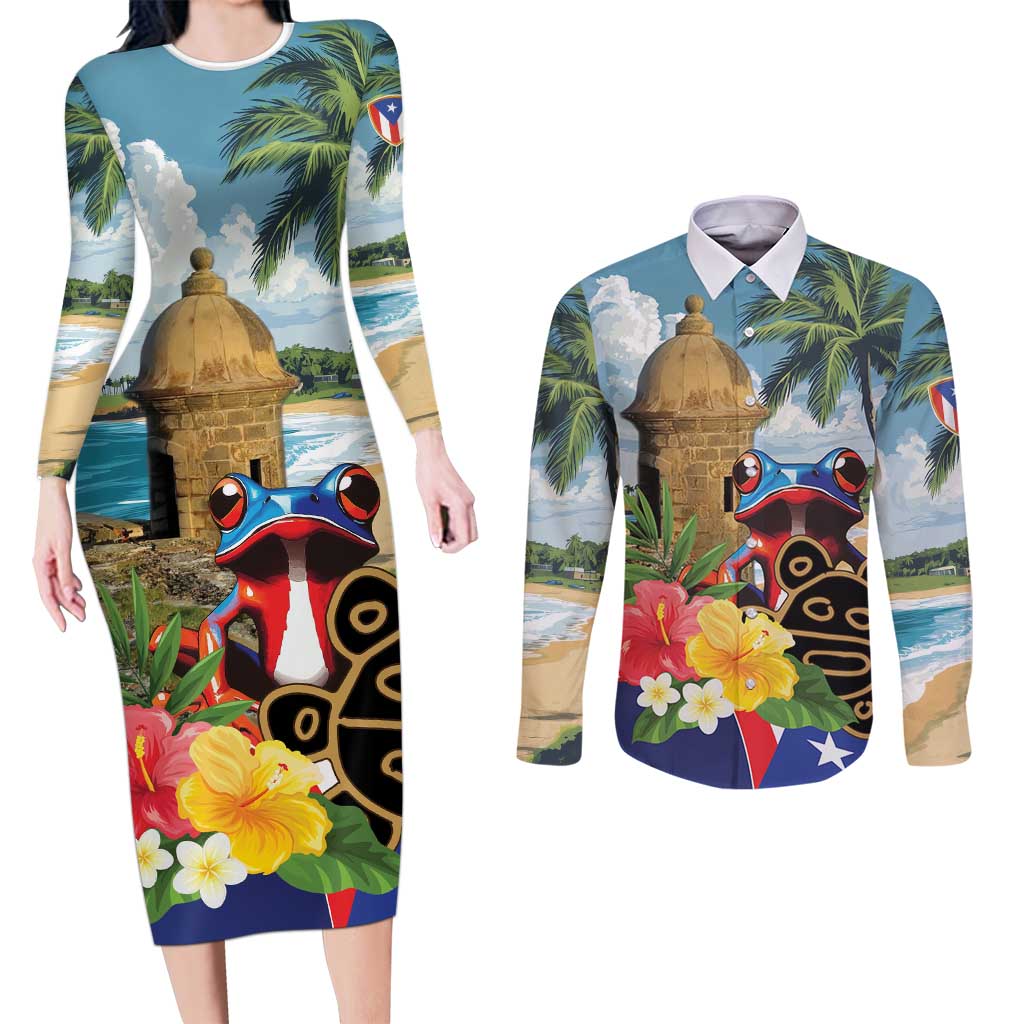 Personalized Boricua El Morro Couples Matching Long Sleeve Bodycon Dress and Long Sleeve Button Shirt Puerto Rico Sun Coqui - Wonder Print Shop