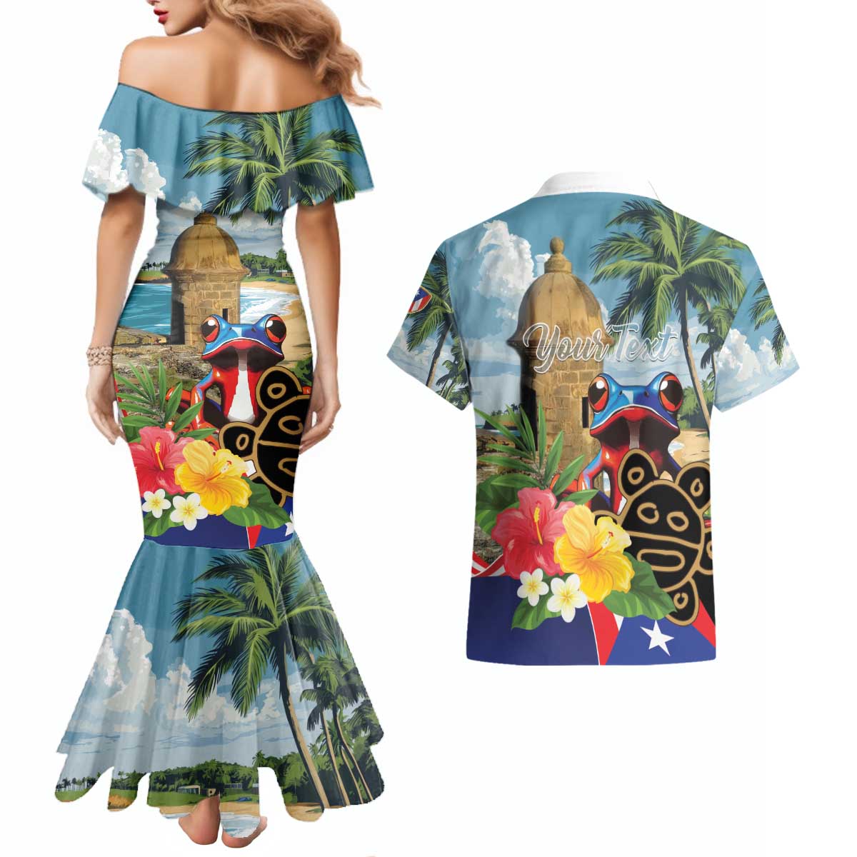 Personalized Boricua El Morro Couples Matching Mermaid Dress and Hawaiian Shirt Puerto Rico Sun Coqui - Wonder Print Shop