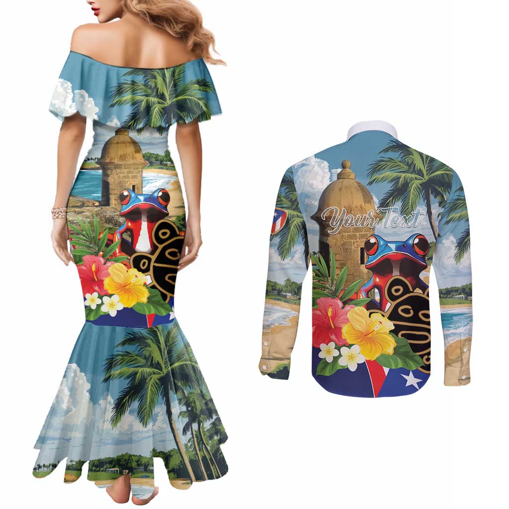 Personalized Boricua El Morro Couples Matching Mermaid Dress and Long Sleeve Button Shirt Puerto Rico Sun Coqui