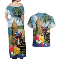 Personalized Boricua El Morro Couples Matching Off Shoulder Maxi Dress and Hawaiian Shirt Puerto Rico Sun Coqui - Wonder Print Shop