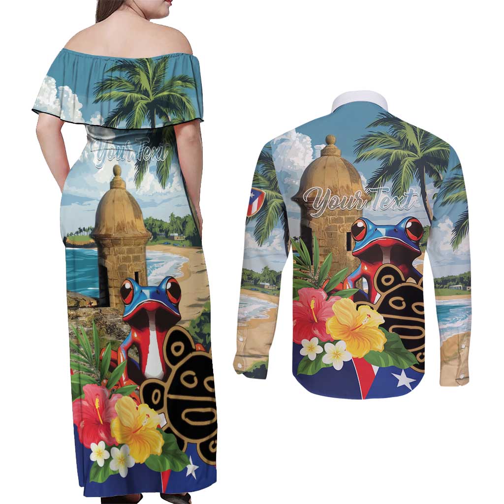 Personalized Boricua El Morro Couples Matching Off Shoulder Maxi Dress and Long Sleeve Button Shirt Puerto Rico Sun Coqui - Wonder Print Shop