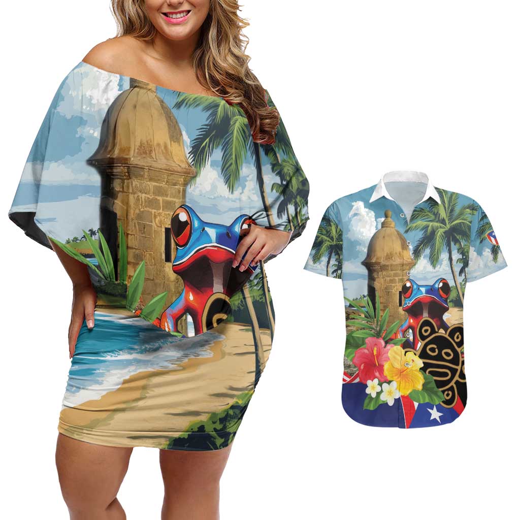 Personalized Boricua El Morro Couples Matching Off Shoulder Short Dress and Hawaiian Shirt Puerto Rico Sun Coqui - Wonder Print Shop