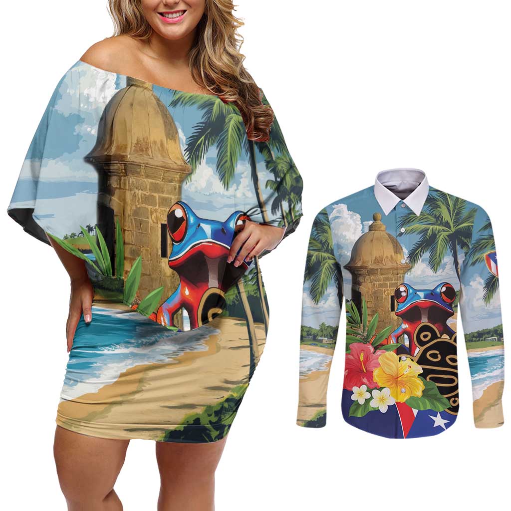 Personalized Boricua El Morro Couples Matching Off Shoulder Short Dress and Long Sleeve Button Shirt Puerto Rico Sun Coqui - Wonder Print Shop