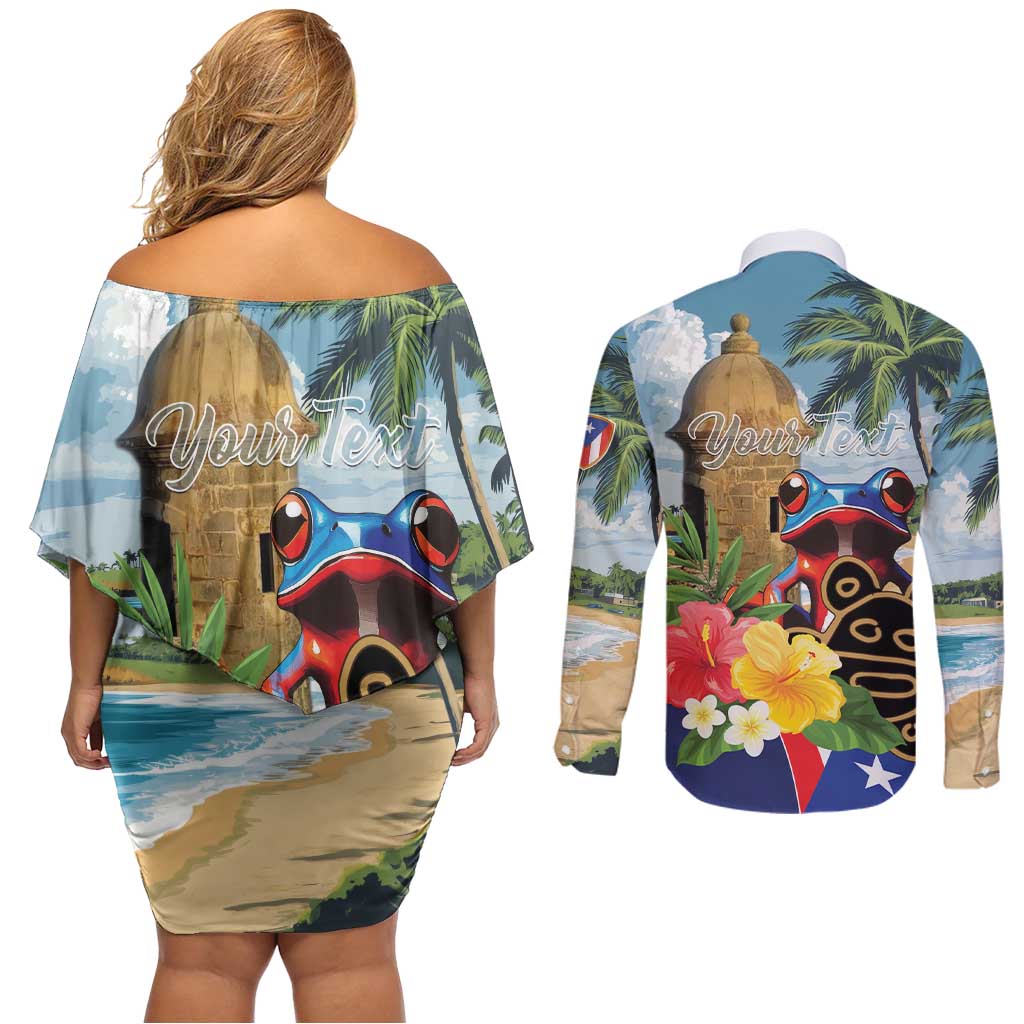 Personalized Boricua El Morro Couples Matching Off Shoulder Short Dress and Long Sleeve Button Shirt Puerto Rico Sun Coqui - Wonder Print Shop