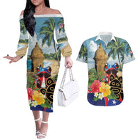 Personalized Boricua El Morro Couples Matching Off The Shoulder Long Sleeve Dress and Hawaiian Shirt Puerto Rico Sun Coqui - Wonder Print Shop