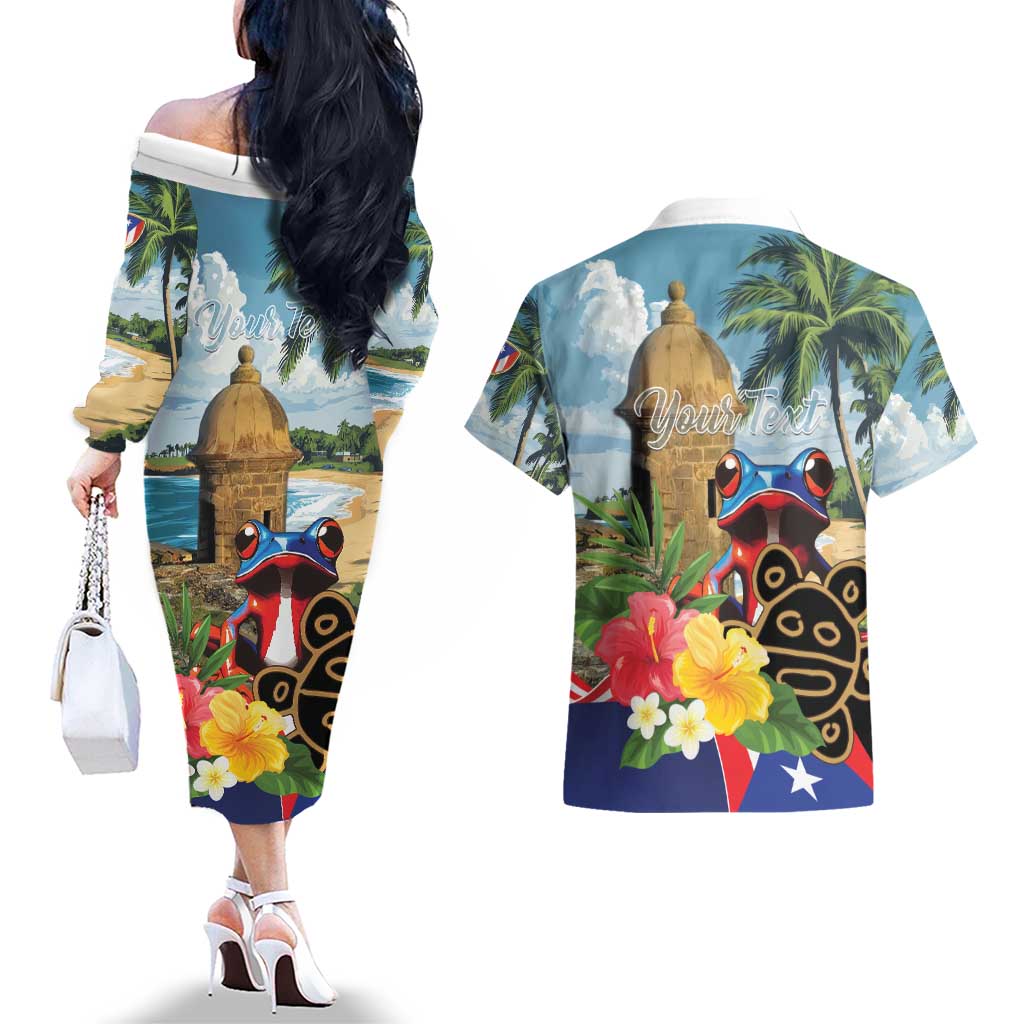 Personalized Boricua El Morro Couples Matching Off The Shoulder Long Sleeve Dress and Hawaiian Shirt Puerto Rico Sun Coqui - Wonder Print Shop