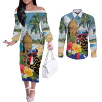 Personalized Boricua El Morro Couples Matching Off The Shoulder Long Sleeve Dress and Long Sleeve Button Shirt Puerto Rico Sun Coqui