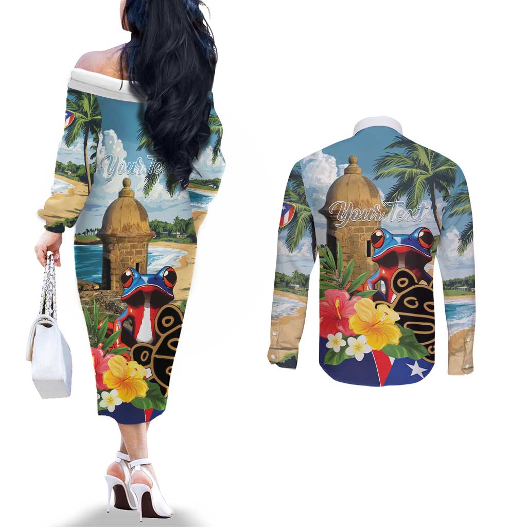 Personalized Boricua El Morro Couples Matching Off The Shoulder Long Sleeve Dress and Long Sleeve Button Shirt Puerto Rico Sun Coqui
