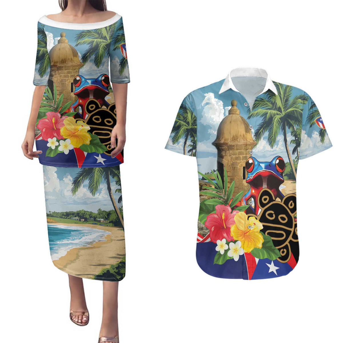 Personalized Boricua El Morro Couples Matching Puletasi and Hawaiian Shirt Puerto Rico Sun Coqui - Wonder Print Shop
