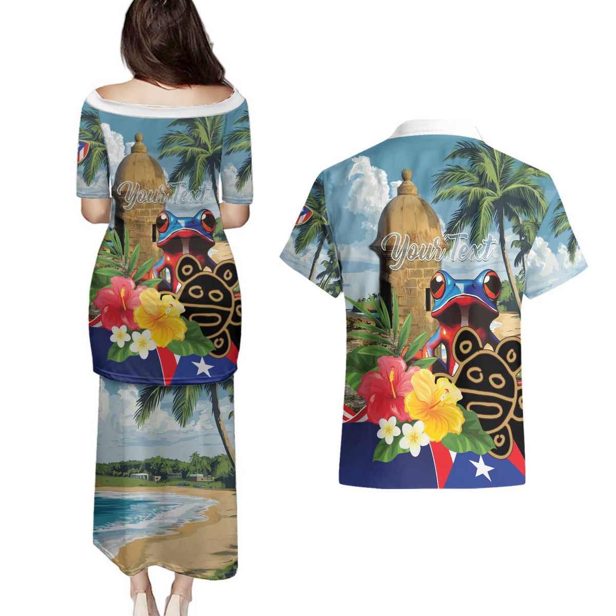 Personalized Boricua El Morro Couples Matching Puletasi and Hawaiian Shirt Puerto Rico Sun Coqui - Wonder Print Shop