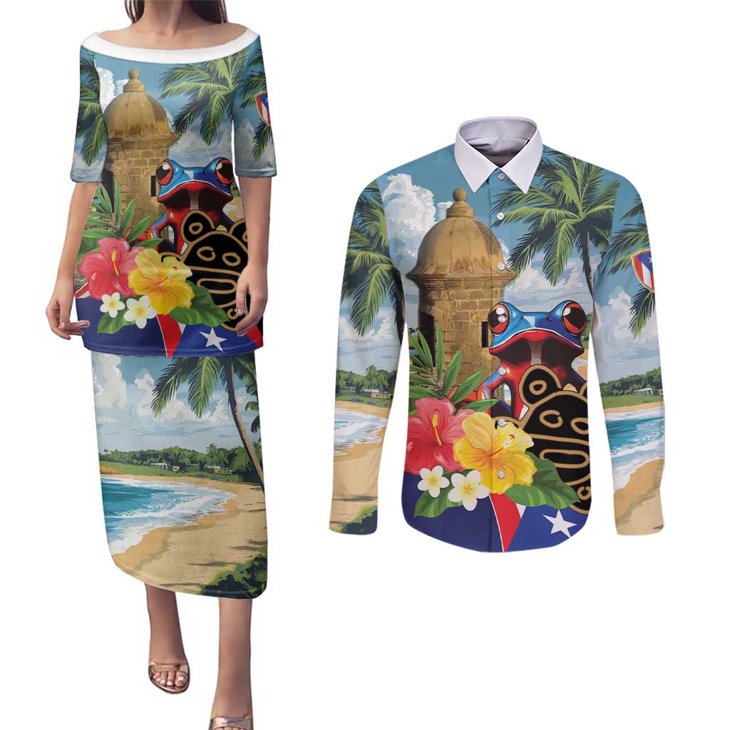 Personalized Boricua El Morro Couples Matching Puletasi and Long Sleeve Button Shirt Puerto Rico Sun Coqui - Wonder Print Shop
