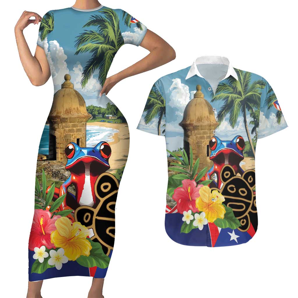 Personalized Boricua El Morro Couples Matching Short Sleeve Bodycon Dress and Hawaiian Shirt Puerto Rico Sun Coqui - Wonder Print Shop