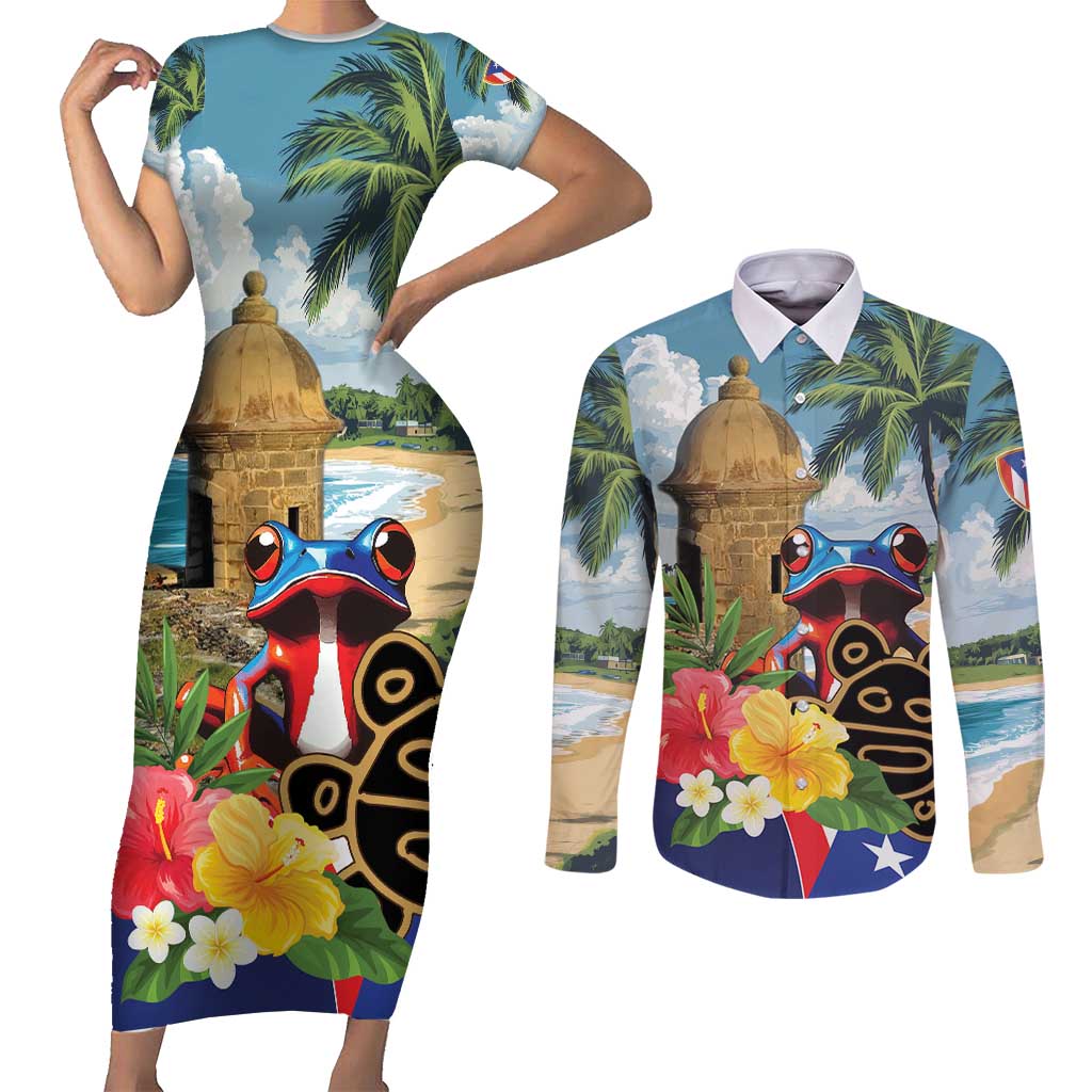 Personalized Boricua El Morro Couples Matching Short Sleeve Bodycon Dress and Long Sleeve Button Shirt Puerto Rico Sun Coqui - Wonder Print Shop