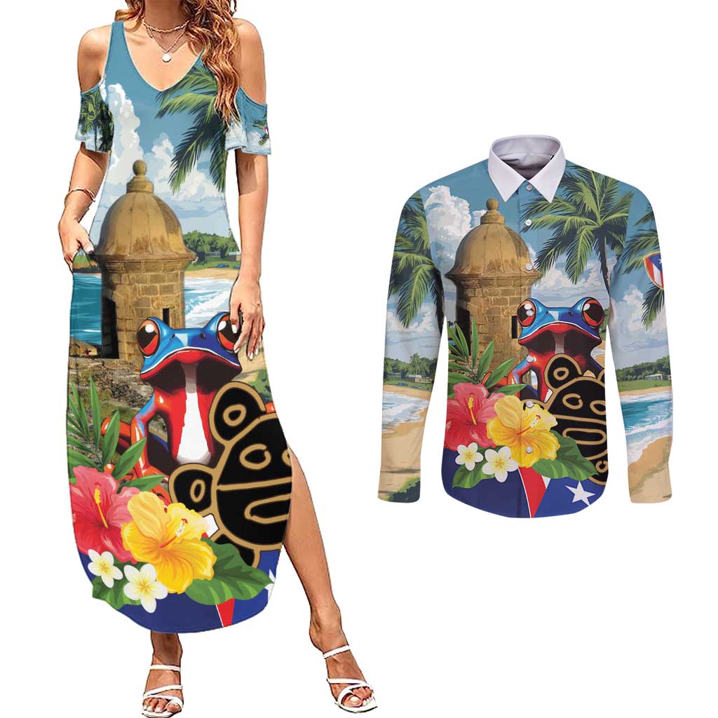 Personalized Boricua El Morro Couples Matching Summer Maxi Dress and Long Sleeve Button Shirt Puerto Rico Sun Coqui - Wonder Print Shop