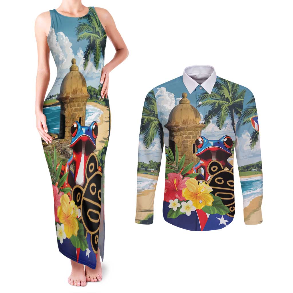 Personalized Boricua El Morro Couples Matching Tank Maxi Dress and Long Sleeve Button Shirt Puerto Rico Sun Coqui - Wonder Print Shop