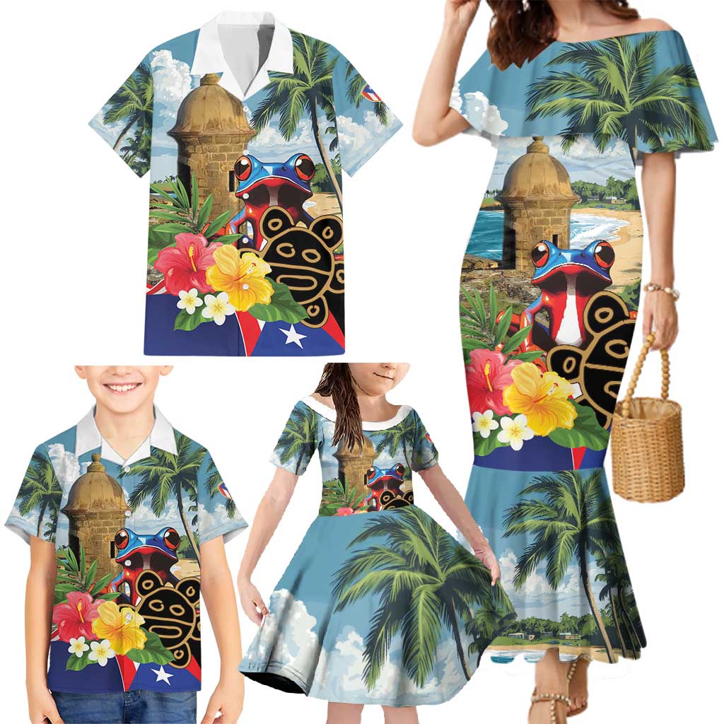 Personalized Boricua El Morro Family Matching Mermaid Dress and Hawaiian Shirt Puerto Rico Sun Coqui - Wonder Print Shop