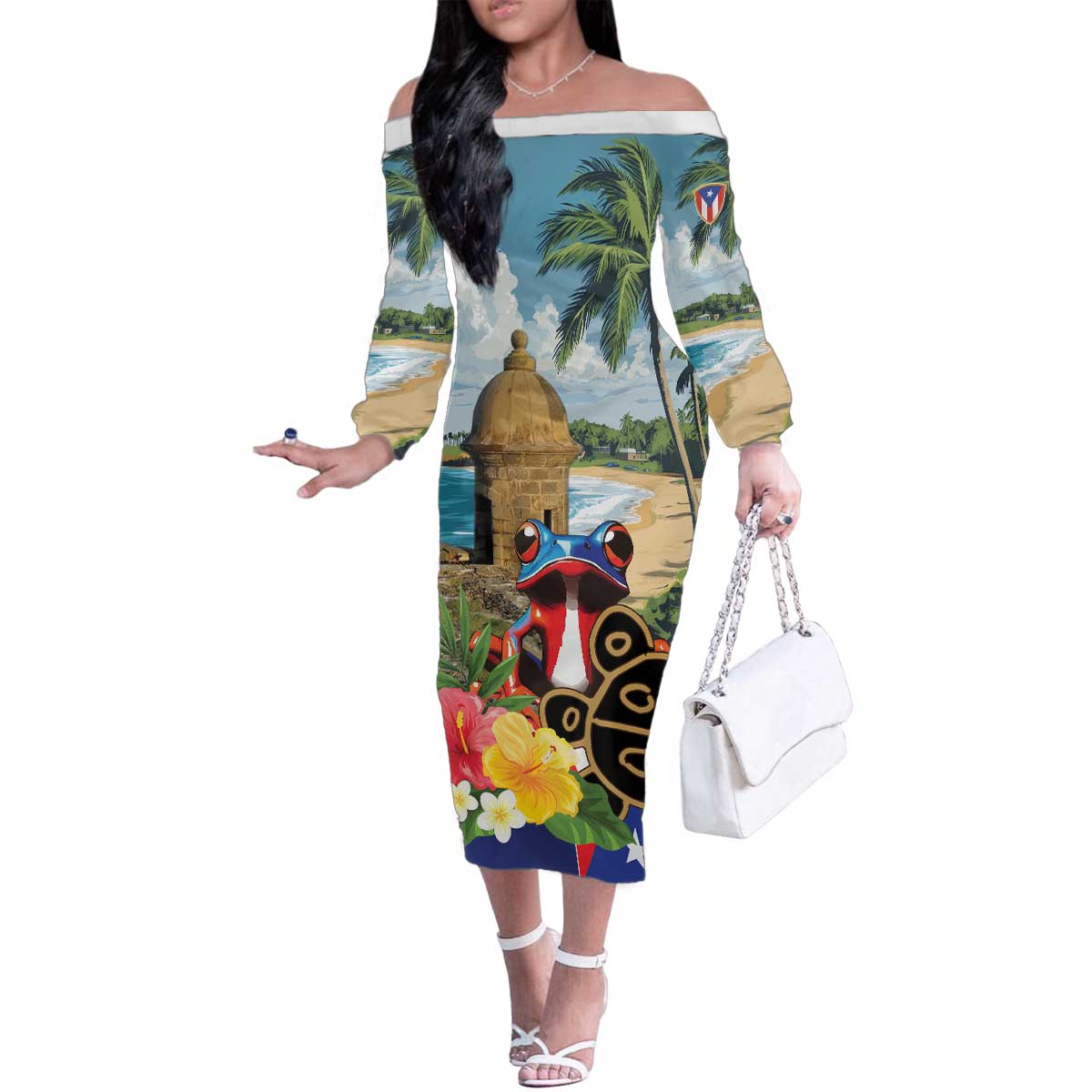 Personalized Boricua El Morro Family Matching Off The Shoulder Long Sleeve Dress and Hawaiian Shirt Puerto Rico Sun Coqui - Wonder Print Shop