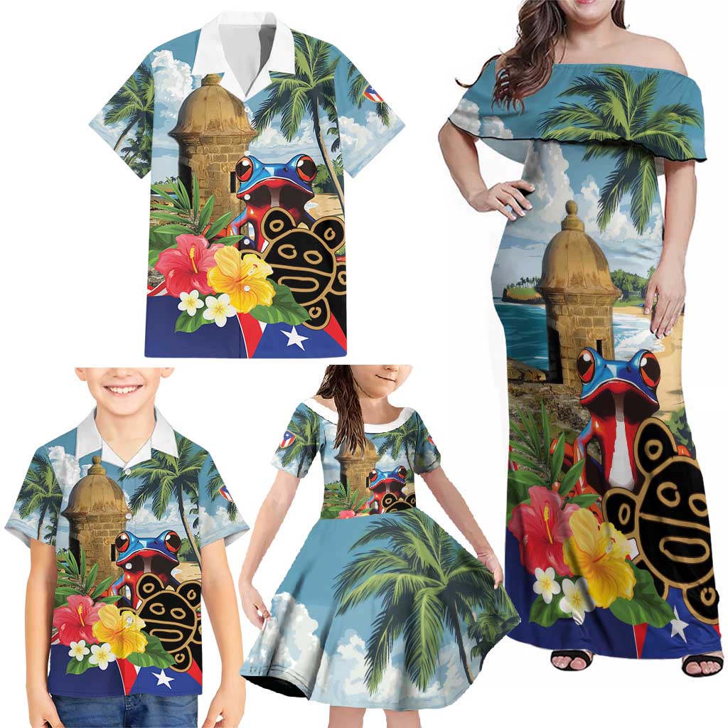 Personalized Boricua El Morro Family Matching Off Shoulder Maxi Dress and Hawaiian Shirt Puerto Rico Sun Coqui - Wonder Print Shop