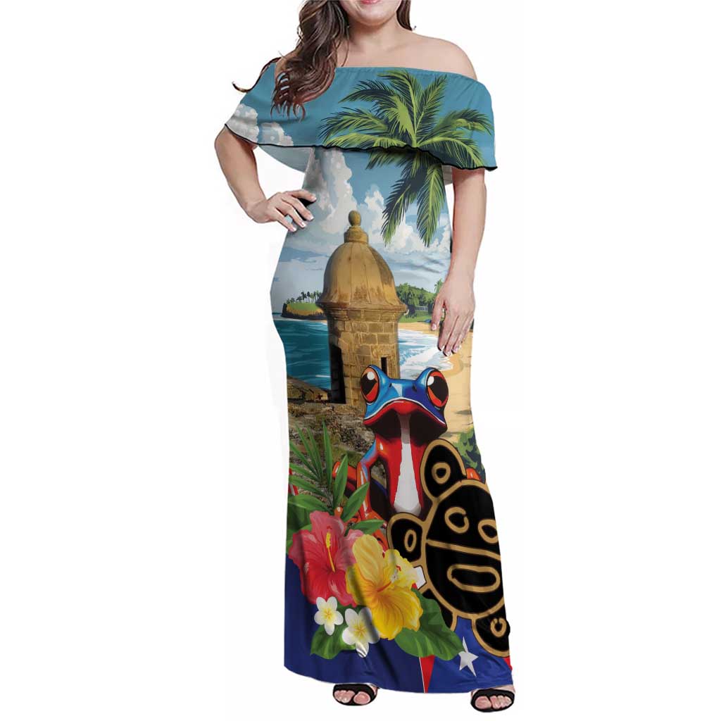 Personalized Boricua El Morro Family Matching Off Shoulder Maxi Dress and Hawaiian Shirt Puerto Rico Sun Coqui - Wonder Print Shop