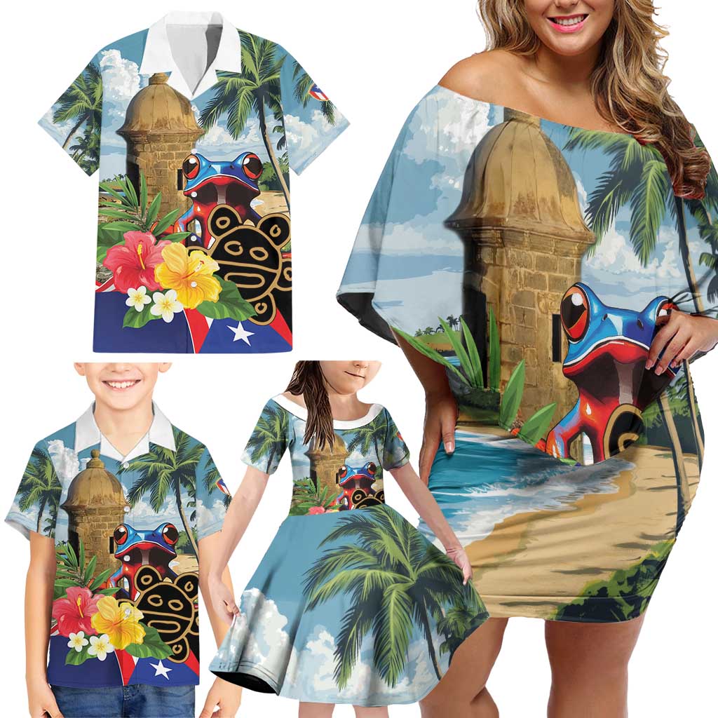 Personalized Boricua El Morro Family Matching Off Shoulder Short Dress and Hawaiian Shirt Puerto Rico Sun Coqui - Wonder Print Shop