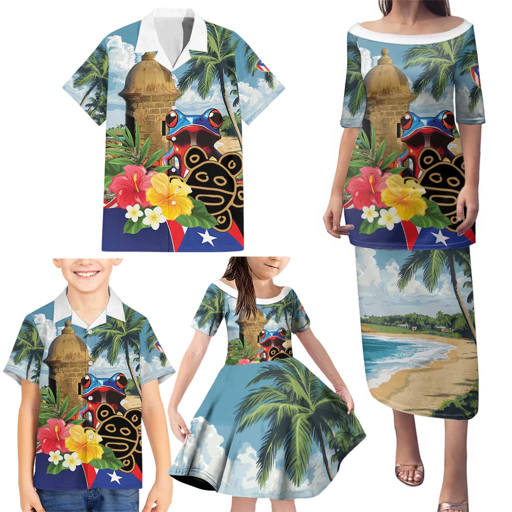 Personalized Boricua El Morro Family Matching Puletasi and Hawaiian Shirt Puerto Rico Sun Coqui - Wonder Print Shop