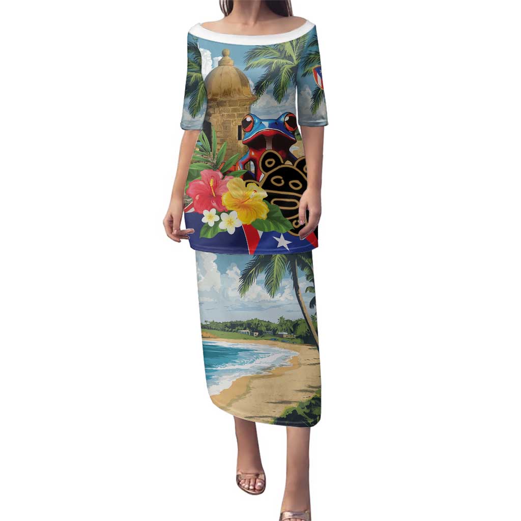 Personalized Boricua El Morro Family Matching Puletasi and Hawaiian Shirt Puerto Rico Sun Coqui - Wonder Print Shop