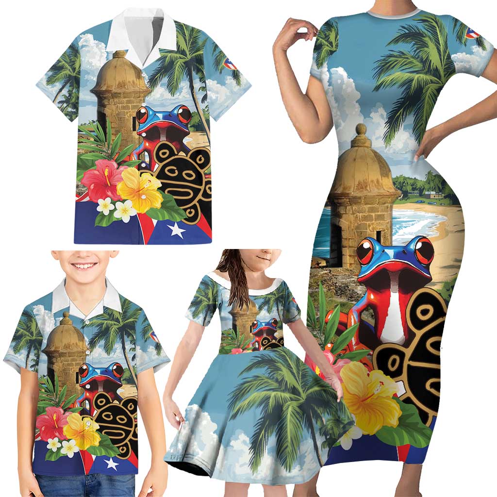 Personalized Boricua El Morro Family Matching Short Sleeve Bodycon Dress and Hawaiian Shirt Puerto Rico Sun Coqui - Wonder Print Shop