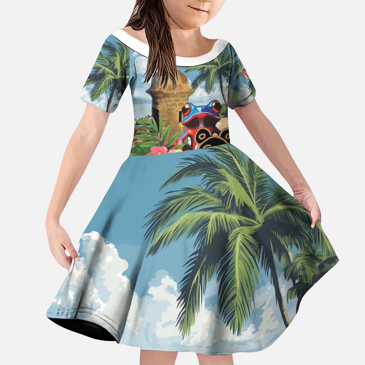 Personalized Boricua El Morro Kid Short Sleeve Dress Puerto Rico Sun Coqui - Wonder Print Shop