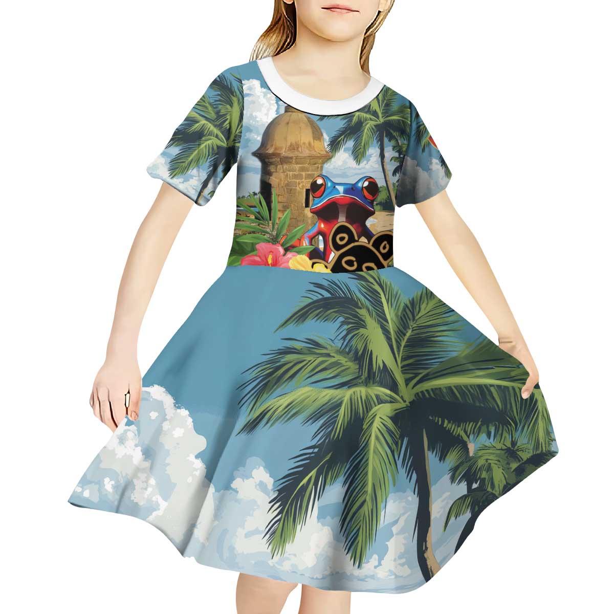 Personalized Boricua El Morro Kid Short Sleeve Dress Puerto Rico Sun Coqui - Wonder Print Shop