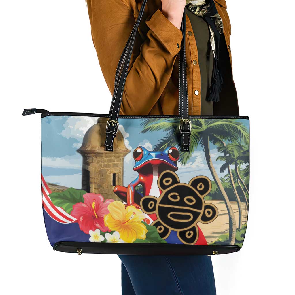 Personalized Boricua El Morro Leather Tote Bag Puerto Rico Sun Coqui - Wonder Print Shop