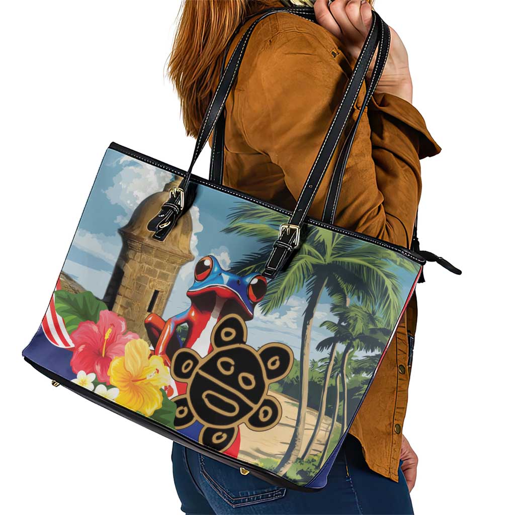 Personalized Boricua El Morro Leather Tote Bag Puerto Rico Sun Coqui - Wonder Print Shop