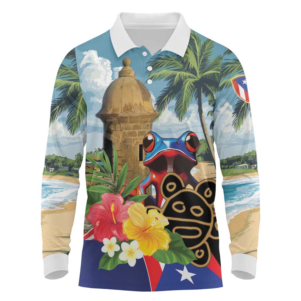 Personalized Boricua El Morro Long Sleeve Polo Shirt Puerto Rico Sun Coqui - Wonder Print Shop