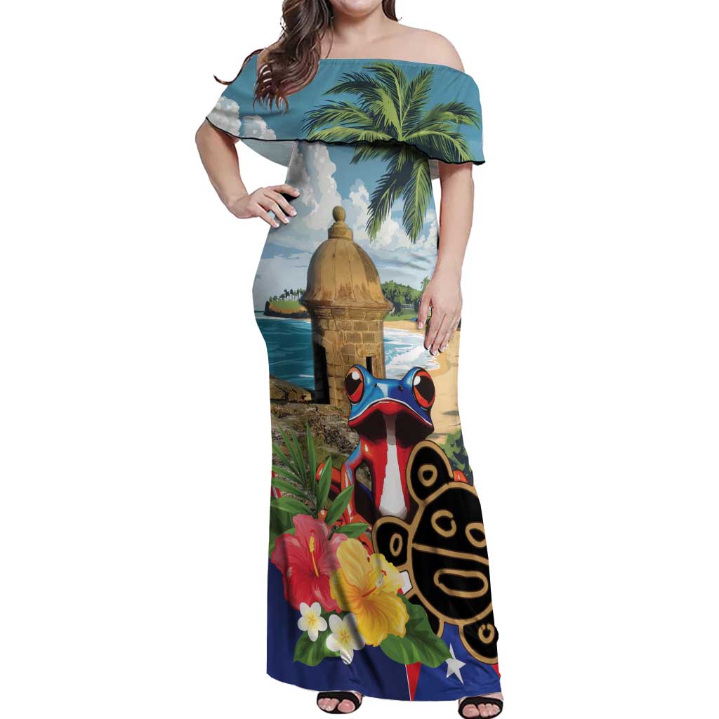 Personalized Boricua El Morro Off Shoulder Maxi Dress Puerto Rico Sun Coqui - Wonder Print Shop