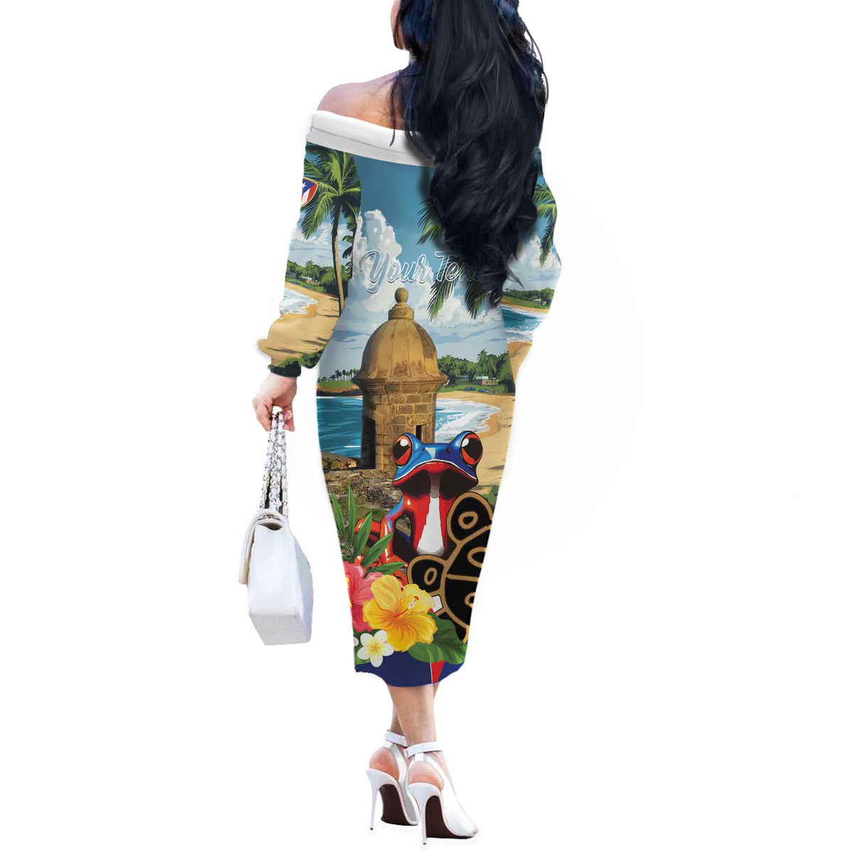 Personalized Boricua El Morro Off The Shoulder Long Sleeve Dress Puerto Rico Sun Coqui - Wonder Print Shop