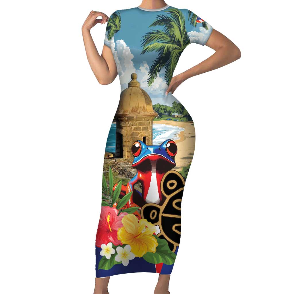 Personalized Boricua El Morro Short Sleeve Bodycon Dress Puerto Rico Sun Coqui - Wonder Print Shop