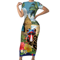 Personalized Boricua El Morro Short Sleeve Bodycon Dress Puerto Rico Sun Coqui - Wonder Print Shop