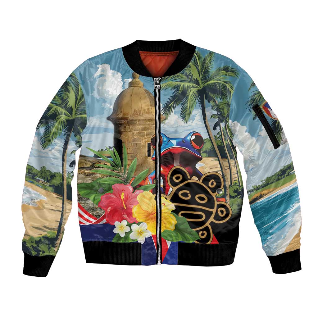 Personalized Boricua El Morro Sleeve Zip Bomber Jacket Puerto Rico Sun Coqui - Wonder Print Shop
