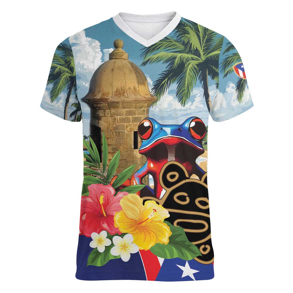 Personalized Boricua El Morro Women V-Neck T-Shirt Puerto Rico Sun Coqui - Wonder Print Shop