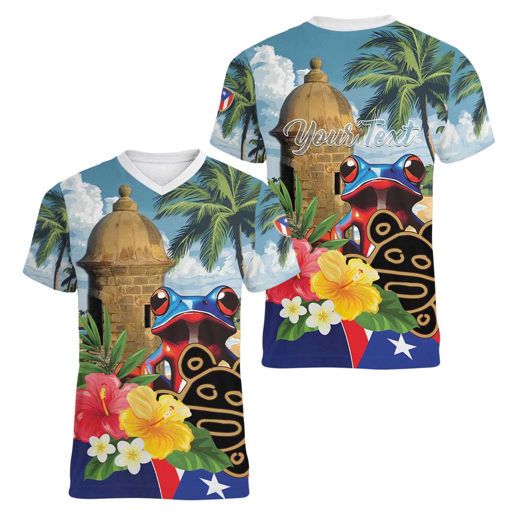 Personalized Boricua El Morro Women V-Neck T-Shirt Puerto Rico Sun Coqui - Wonder Print Shop