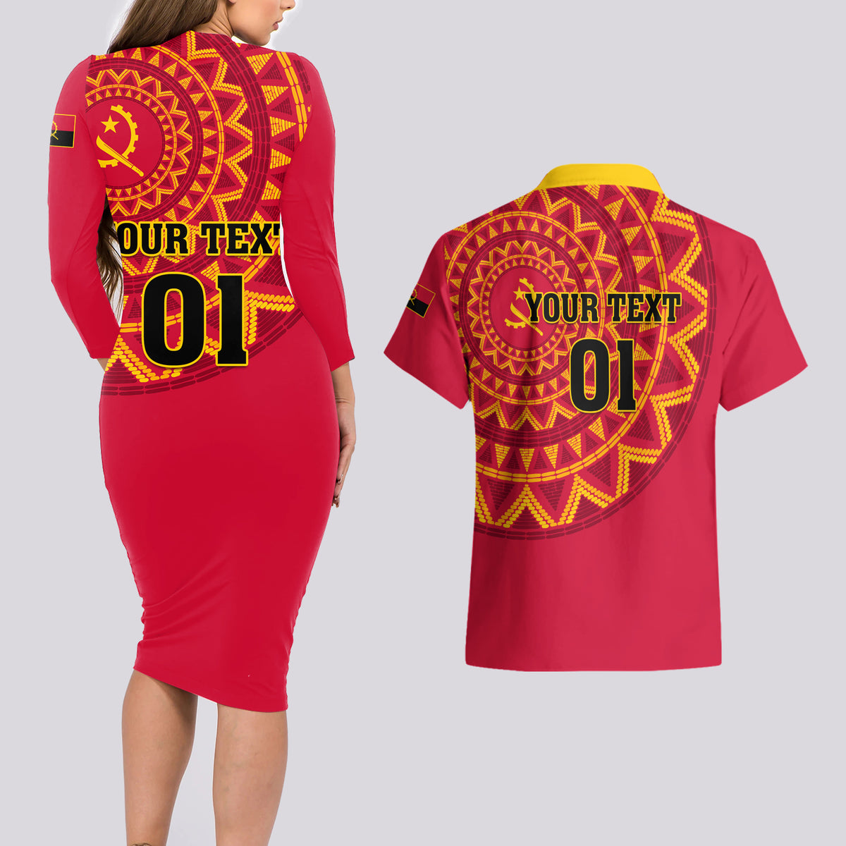 Angola Football Couples Matching Long Sleeve Bodycon Dress and Hawaiian Shirt Go Palancas Negras Red Version - Wonder Print Shop