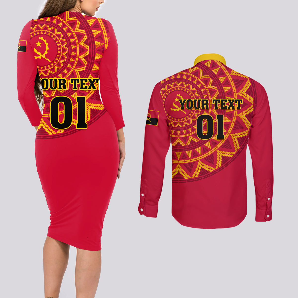 Angola Football Couples Matching Long Sleeve Bodycon Dress and Long Sleeve Button Shirt Go Palancas Negras Red Version - Wonder Print Shop