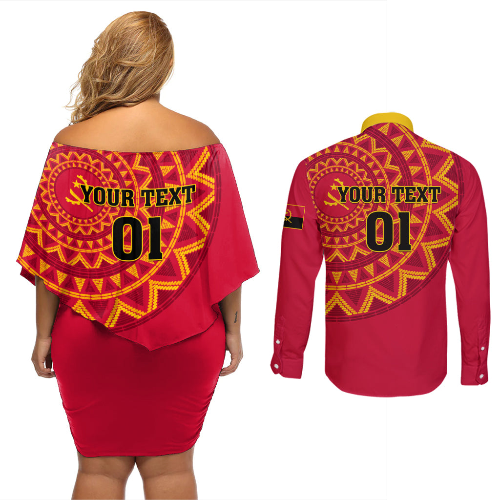 Angola Football Couples Matching Off Shoulder Short Dress and Long Sleeve Button Shirt Go Palancas Negras Red Version - Wonder Print Shop