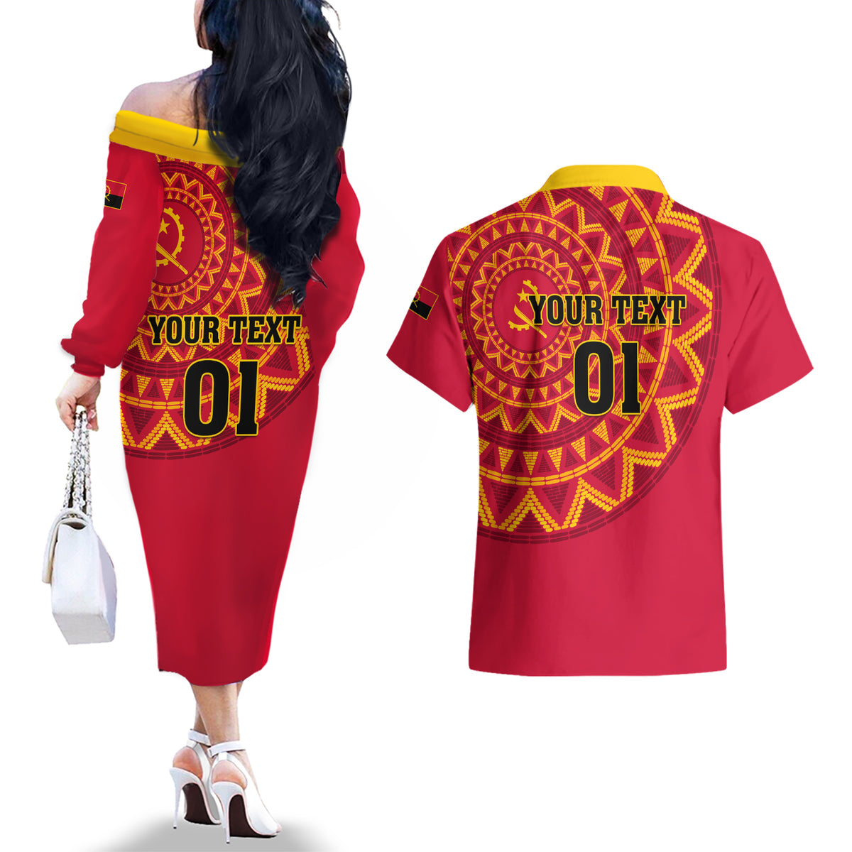 Angola Football Couples Matching Off The Shoulder Long Sleeve Dress and Hawaiian Shirt Go Palancas Negras Red Version - Wonder Print Shop