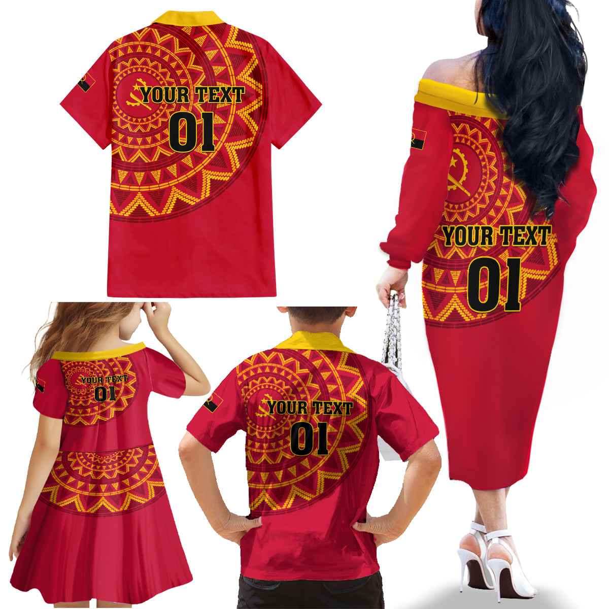 Angola Football Family Matching Off Shoulder Long Sleeve Dress and Hawaiian Shirt Go Palancas Negras Red Version - Wonder Print Shop