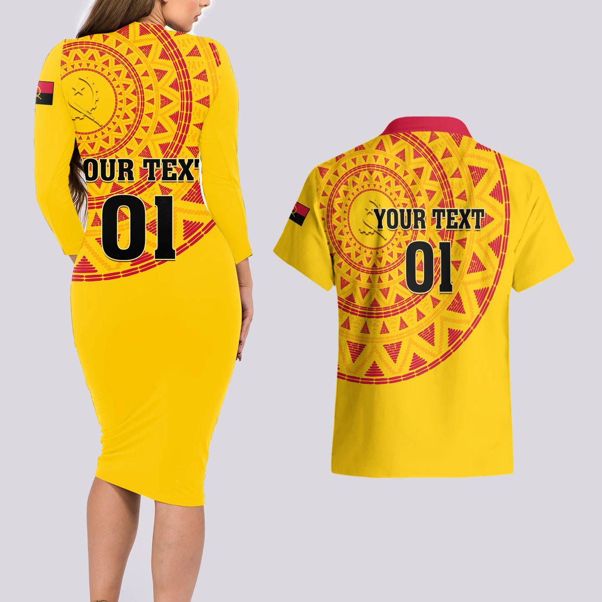Angola Football Couples Matching Long Sleeve Bodycon Dress and Hawaiian Shirt Go Palancas Negras Yellow Version - Wonder Print Shop